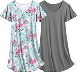 Ekouaer 2Pack Women's Nightshirt Short Sleeve Nightgown V Neck Sleepwear Pajama Dress Grey & Rose Floral Print XXL