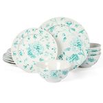 Martha Stewart Empress Bouquet Decorated Porcelain Dinnerware Plates and Bowls Set - Teal Floral, Service for 4 (12pcs)