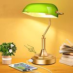 Green Glass Bankers Lamp with 2 USB Ports, 3-Way Dimmable Vintage Desk Lamp, Retro Touch Bedside Table Lamp with Brass Base for Nightstand Home Office Library Bedroom Reading, LED Bulb Included