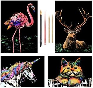 Scratch Art Rainbow Painting Paper, 4 Sheets (A4) Scratch Off Night View with Tools DIY Scratchboard Crafts Womens Hobbies, Engraving Arts for Youth Adults Scratch Painting Party Gift (Animal 1)