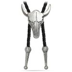 Yjfeshion Mens Western Bolo Tie Cowboy Longhorn Bull Head Design Handmade Leather Necktie for Husband Dad Gift Vintage Silver