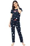 ZEYO Women's Cotton Star Printed Navy Blue (Pink) Night Suit Pajama Set Of Relaxed Fit Top & Pyjama 5307