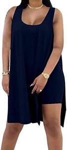 AXOSY Women's Plus Size 2 Piece Outfits Sleeveless Tunic Tops and Bodycon Biker Shorts Sets Tracksuits,Navy blue,XX-Large