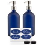 Cornucopia 16oz Glass Pump Bottles (Set of 2, Blue w/Silver; Soap Dispenser Pump Bottles with Brushed Metal Pump Tops