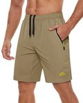 TACVASEN Athletic Shorts for Men Lightweight Quick Dry Running Gym Basketball Hiking Khaki Short with 3 Zipper Pockets