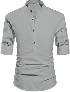 NITAGUT Men Henley Neck Long Sleeve Daily Look Linen Shirts Casual Beach T Shirts Grey-US M