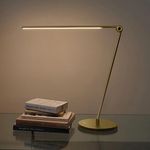 Brightech Libra LED Table Lamp - Contemporary Minimalist Thin Compact Desk Lamp - Adjustable Pivoting LED Head with Built-in Dimmer and Color Changing LED - Brass