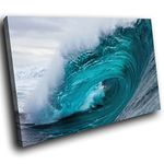 SC993SC Framed Canvas Print Colourful Wall Art - Blue Teal White Wave Nature - Modern Scenic Living Room Bedroom Piece Home Decor Interior Design Easy Hang Guide (60X40CM)