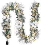 Valery Madelyn 9 feet Pre-Lit Christmas Garland with Lights for Mantle, Lighted Battery Operated Xmas Garland with White Gold Balls for Front Door Fireplace Table Centerpiece Outdoor Window Home Decor