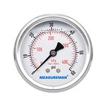 Measureman 2-1/2" Dial Size, Liquid Filled Pressure Gauge, 0-60psi/400kpa, 304 Stainless Steel Case, 1/4"NPT Back Mount