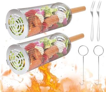 2 paniers à BBQ à roulettes avec poignées en bois,accessoires de BBQ en acier inoxydable pour la viande,le poisson et les légumes en plein air ou en camping