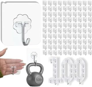 DDMY 100 Pack Heavy Duty Self Adhesive Hooks 50 lbs Transparent Reusable Sticky Wall Hooks for Hanging Waterproof Adhesive Hooks for Kitchen, Towel, Bathroom Shower, Office, and Outdoor No Damage
