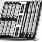 Four Candies Metal Mechanical Pencil Set, 3PCS Artist Lead Pencil 0.5mm & 0.7mm & 0.9mm with 480PCS HB Lead Refills, 3 Erasers, 9 Eraser Refills For Engineer Art Writing Drawing Drafting, Silver