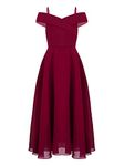 ranrann Flower Girls Chiffon Junior Bridesmaid Dress Kids Off Shoulder Adjustable Strap A Line Swing Dress Burgundy 14 Years