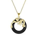 Asian Style Round Open Circle Disc Black Onyx Dragon Pendant Necklace For Women 14K Gold Plated .925 Sterling Silver