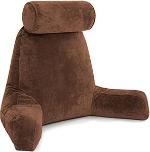 Husband Pillow XXL Reading Pillow for Bed Backrest with Arms - Chocolate - Adult - Shredded Memory Foam, Ultra-Comfy Microplush Cover & Detachable Neck Roll - Unmatched Support Bed Rest Sit Up Pillow