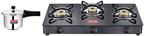 Prestige IRIS LPG Gas Stove, 3 Burner, Black, Glass, Manual & Prestige Popular Stainless Steel Outer Lid Pressure Cooker, 3 Litres, Silver