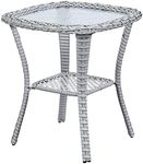 Patio Tables Wicker Side Table - Rattan Coffee Table with Glass Top End Tables for Outdoor Outside Patio Porch Square Light Grey