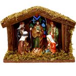 Home&Style nativity scene, 6 figures and 1 wooden stable, 20 x 15 cm with lighting in coloured box, 463303