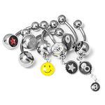 BodyJewelryOnline Assorted Belly Ring Mix - 7 Logo, CZ Gem and Dangle 14ga Belly Rings - 316L Surgical Steel