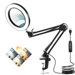 Veemagni 10X Magnifying Glass with Light and Stand, 3 Color Modes Stepless Dimmable Real Glass Lens, Adjustable Swing Arm LED Lighted Magnifier Desk Lamp with Clamp for Painting, Crafts, Sewing