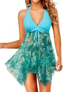 Holipick Women Two Piece Swim Dress Swimsuit Halter Bathing Suit Dress Mesh Tankini Top with Tummy Control Shorts, Blue Green, Medium