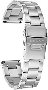 BERNY 20mm Stainless Steel Watch Bands Premium Solid Metal Watch Bracelet Straps for Men Women with Straight End Security Deployment Buckle Sliver