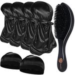 4+2 Silky Durags with Wave Brush for Men 360, Curved Medium/Hard Hair Brush Kits,C