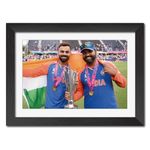 TenorArts Virat Kohli Rohit Sharma Worldcup Poster Indian Cricket Photo Framed Painting with Matt Finish Black Textures (12 inches x 9inches)