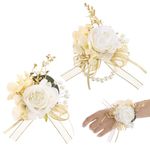 Rose Wrist Corsage and Boutonniere Set Artificial Corsage Wristlet Bride Bracelet and Groom Boutonniere for Wedding Anniversaries Proms Special Celebrations Flowers Accessories Suit Decorations