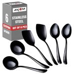 Axiom Stainless Steel Black Serving Tools Set. 6 Piece Heavy Gauge Non-Stick Set Of 2 Soup Ladle (Karchi), 2 Solid Spoon (Chamcha) & 2 Rice Spoon For Serving Soup/Curry/Dal/Rice. Gold - 23 Cm