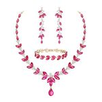 EVER FAITH Marquise Crystal Costume Party Jewelry Set for Women, Gorgeous Leaf Rhinestone Wedding Necklace Dangle Earrings Tennis Bracelet Set Hot Pink Gold-Tone