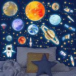 Glow in The Dark Stars and Planet Bright Solar System Wall Stickers Galaxy Astronaut Rocket Fluorescent Luminous Adhesive Wall Decals for Nursery Kids Bedroom Ceiling Birthday for Boys and Girls Blue