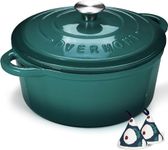 Overmont 5L Enamelled Cast Iron Round Casserole Pot With Lid Cookbook & Cotton Potholders - Non-stick Dutch Oven Cookware for Braising, Stews, Roasting, Bread Baking - Sea Green, 26cm