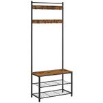 VASAGLE Coat Rack, Hallway Cabinet, Cloakroom, Clothes Rack, with Bench and Shoe Shelves, Hooks, Metal Frame, Height 175 cm, Industrial Style, Rustic Brown and Black HSR41BX