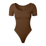 KSKshape Short Sleeve Bodysuit for Women Tummy Control Scoop Neck Shapewear Bodysuit Tshirt Top,Brown,XL