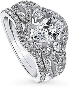 BERRICLE Sterling Silver 3-Stone Wedding Engagement Rings Pear Cut Cubic Zirconia CZ Woven Ring Set for Women, Rhodium Plated Size 4-10, US 6.5, Metal, Cubic Zirconia