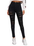 SweatyRocks Women's Hight Waisted Stretch Ripped Skinny Jeans Distressed Denim Pants, Black-5, Medium