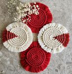 My Creative Hut Macrame Set of 4 Round Coasters Bohemian Style, Handmade, More Absorbent, Traditional, Diwali Gifting, Multipurpose, Big Size (White Red)