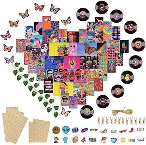 Indie Aesthetic Room Decor- 112pcs Wall Collage Kit, Trendy Tiktok Cool Stuff for Teen Bedroom, Preppy Trippy Hippie Pictures Posters Records Stickers Clips Twine & Vine, Cute Girls Home Decoration