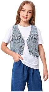 GORGLITTER Girl's Denim Jean Jacket Vest Cute Summer Button Down Flap Pocket V Neck Western Outfits Blue 9 Years