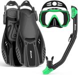 EMSINA E8 Freedom HD Mask Fin Snorkel Set with Adult Snorkeling Gear, Panoramic View Diving Mask, Trek Fin, Dry Top Snorkel +Travel Bags, Snorkel for Lap Swimming(3XGreenB_LXL)