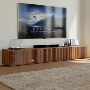 POVISON Full Assembled Mid Century Modern TV Stand, 118” Extra-Large Entertainment Center for 100 inch TV, Wood Slatted TV Media Console with Storage for Living Room Bedroom