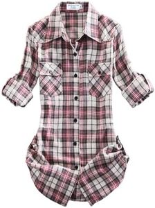 Match Womens Button Down Flannel Plaid Shirts roll up Long Sleeve Shackets Business Blouse Top (Large, Checks#9)