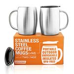 Stainless Steel Coffee Mugs with Lid (Set of 2) - 14 oz Double Walled Steel Coffee Glasses with Lid & Handle - Coffee to Go, Travel, Outdoor, Camping - Vacuum, Shatterproof, Durable Coffee Mug