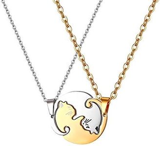 JewelryWe Gioielli 2 Pezzi Collana Uomo Donna Coppia Fidanzati Amicizia Ciondolo Gatto in Acciaio Inossidabile DIY, Regalo San Valentino Natale, Yin And Yang, Taichi Matching, Black And White