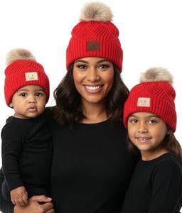 Funky Junque Mommy & Me Pom Beanies – 3-Pack Winter Hats for Women, Toddler & Infants, Cozy Matching Baby Beanie Set (3 Pack) - Diagonal Basketweave - Red
