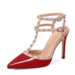 MIRAAZZURRA Women Heeled Sandals Rivet Studded High Heels Stiletto T-Strap Pointed Toe Slip On Bridal Pumps for Women 10.5cm US Size 9.5 Red