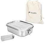 Navaris Steel Lunch Box with Divider - 1400ml Stainless Steel Sandwich, Snack, Lunch, Food Storage Container - Leakproof Bento Box with Divider, Bag