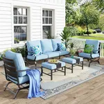 MFSTUDIO 5 Pieces Patio Conversation Sets,Outdoor Metal Furniture Sofas with 1 x 3-Seat Sofa, 2 x Rocking Chairs,2 x Ottoman,Wrought Iron Frame with Blue Cushion for Patio Courtyard Balcony